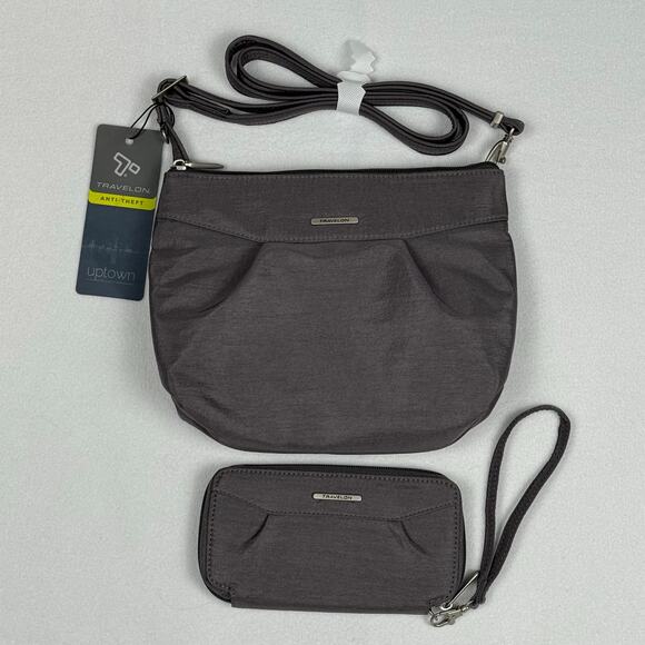 TRAVELON Anti-Theft Cross Body Bag Purse RFID Pewter Gray 43190 w/ Wristlet 2PCS - Picture 1 of 10